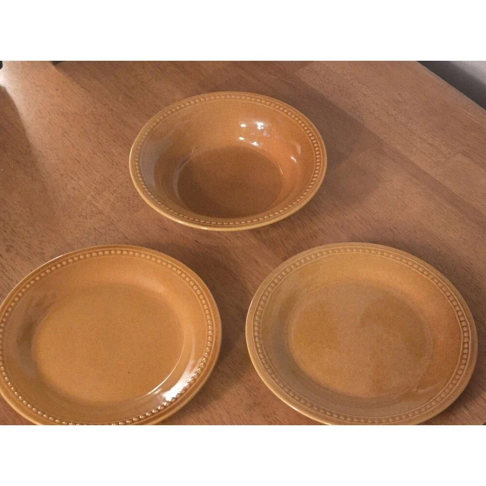 Pier 1 Spice Route Ginger Stoneware 3 Pc Set Beaded Rim Soup Bowl Salad Plates